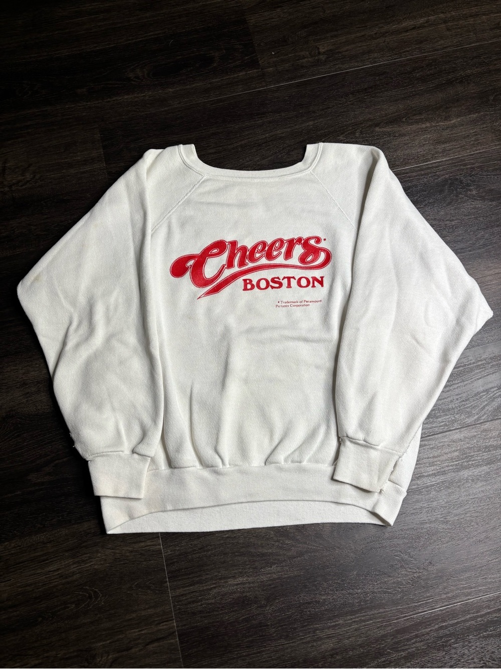 Vintage 80s Cheers Boston Graphic Crewneck White Red